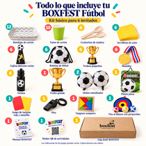 Mesa de cumpleaños con el kit de fiesta de fútbol BOXFEST y sus materiales, accesorios y elementos de celebración organizados para los participantes.