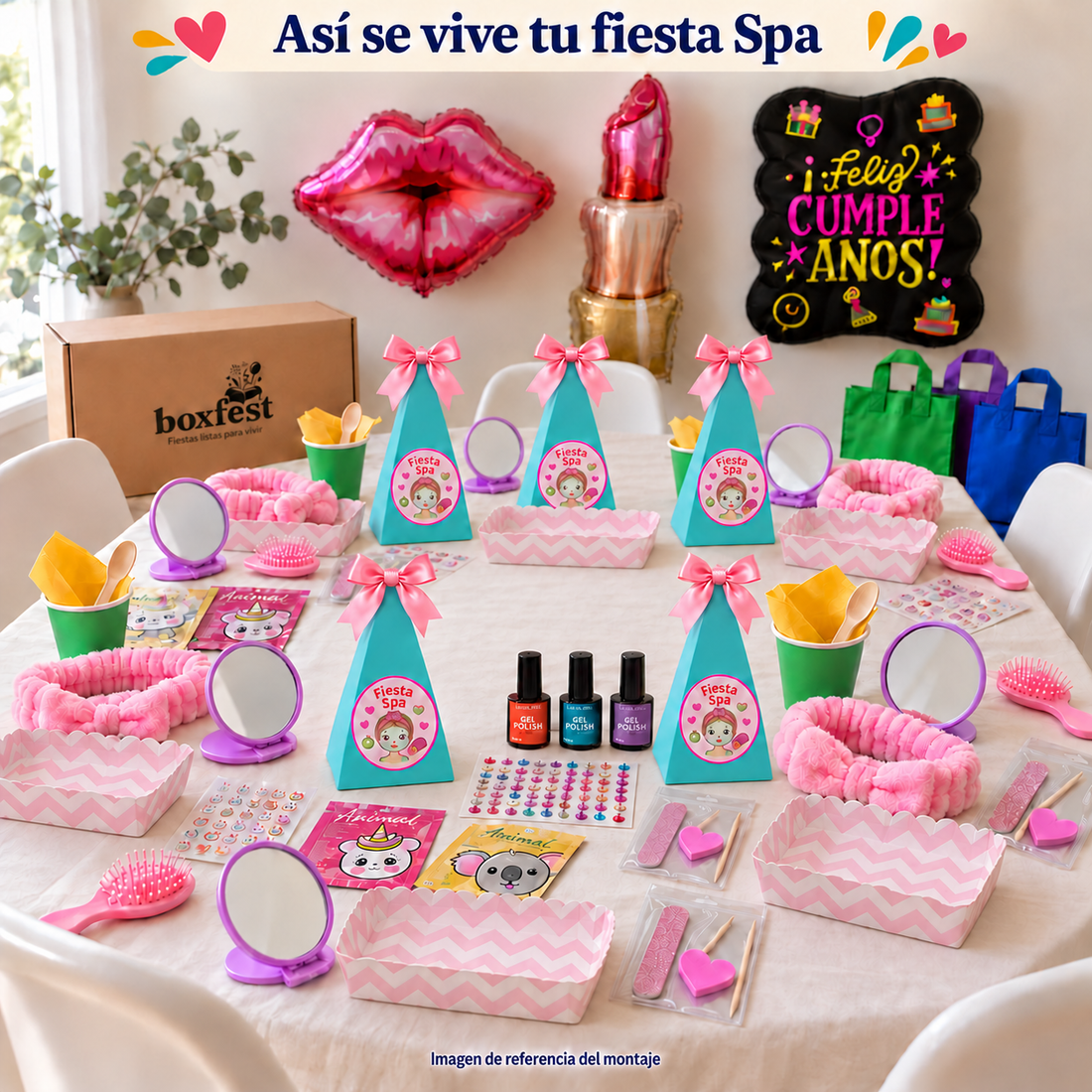 Mesa de fiesta spa BOXFEST con espejos, diademas rosas, cepillos, esmaltes y cajitas dulceras, decorada para un cumpleaños.